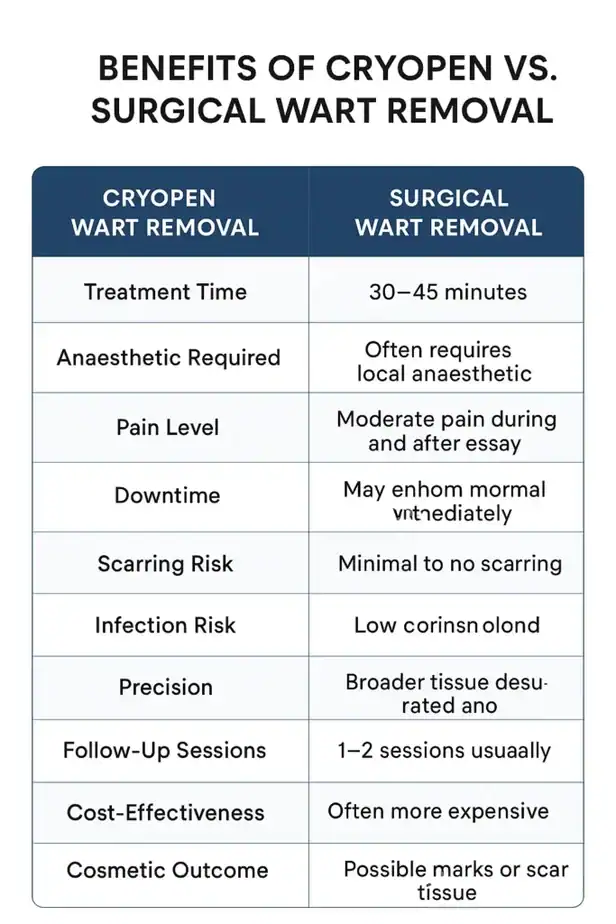 Table showing the benefits of cryopen to remove warts Worksop compared to surgical treatment